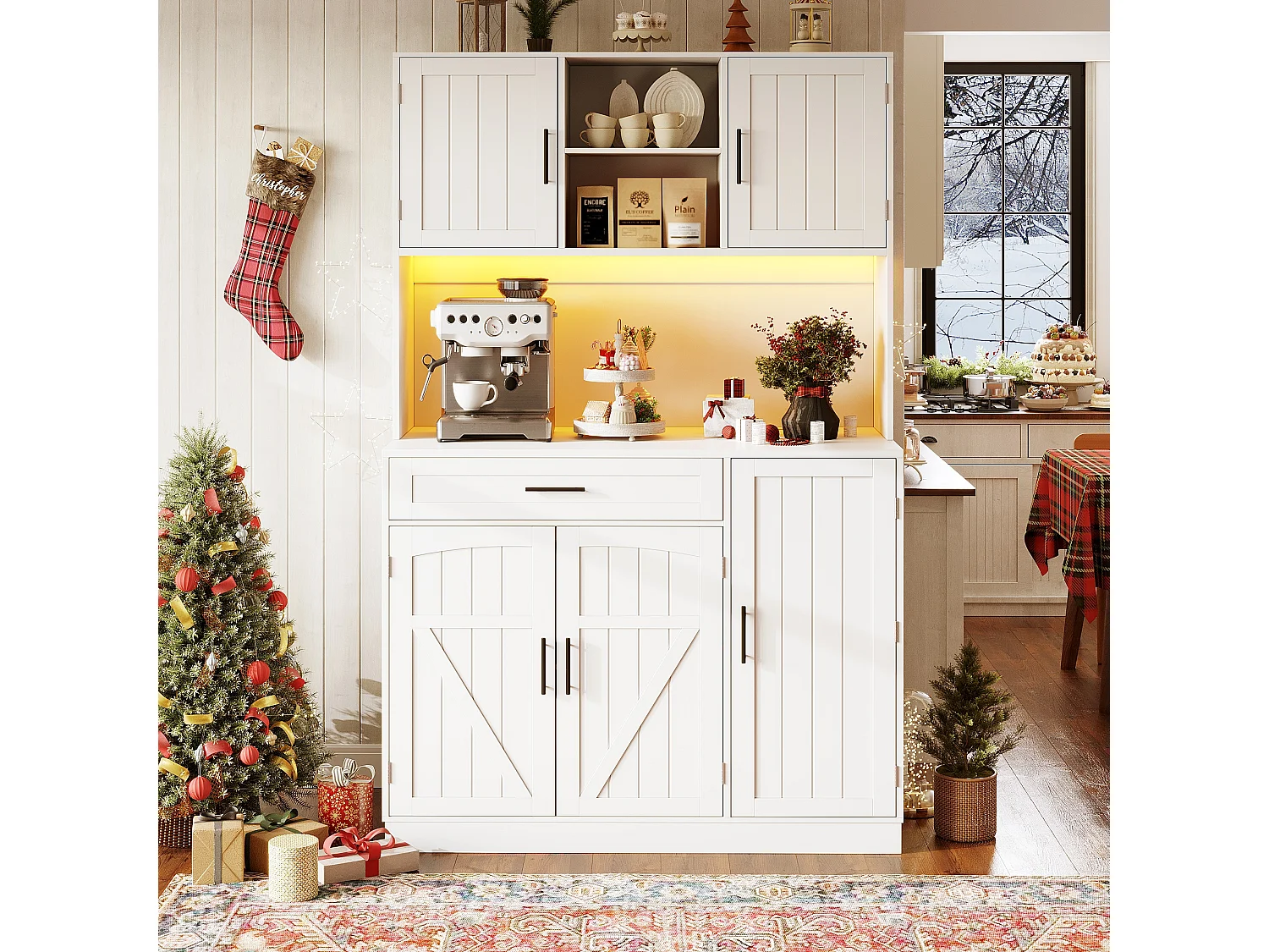 Buffet de cuisine style campagnard - 120 x 38 x 180 cm - avec Leds + prise + 5 portes + 1 tiroir - blanc