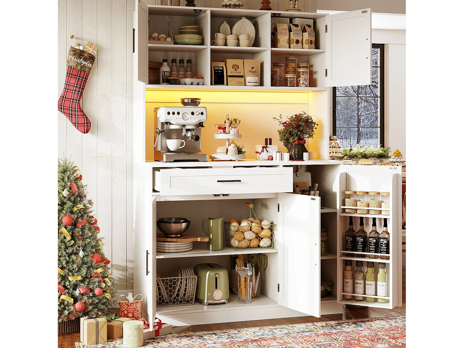 Buffet de cuisine style campagnard - 120 x 38 x 180 cm - avec Leds + prise + 5 portes + 1 tiroir - blanc