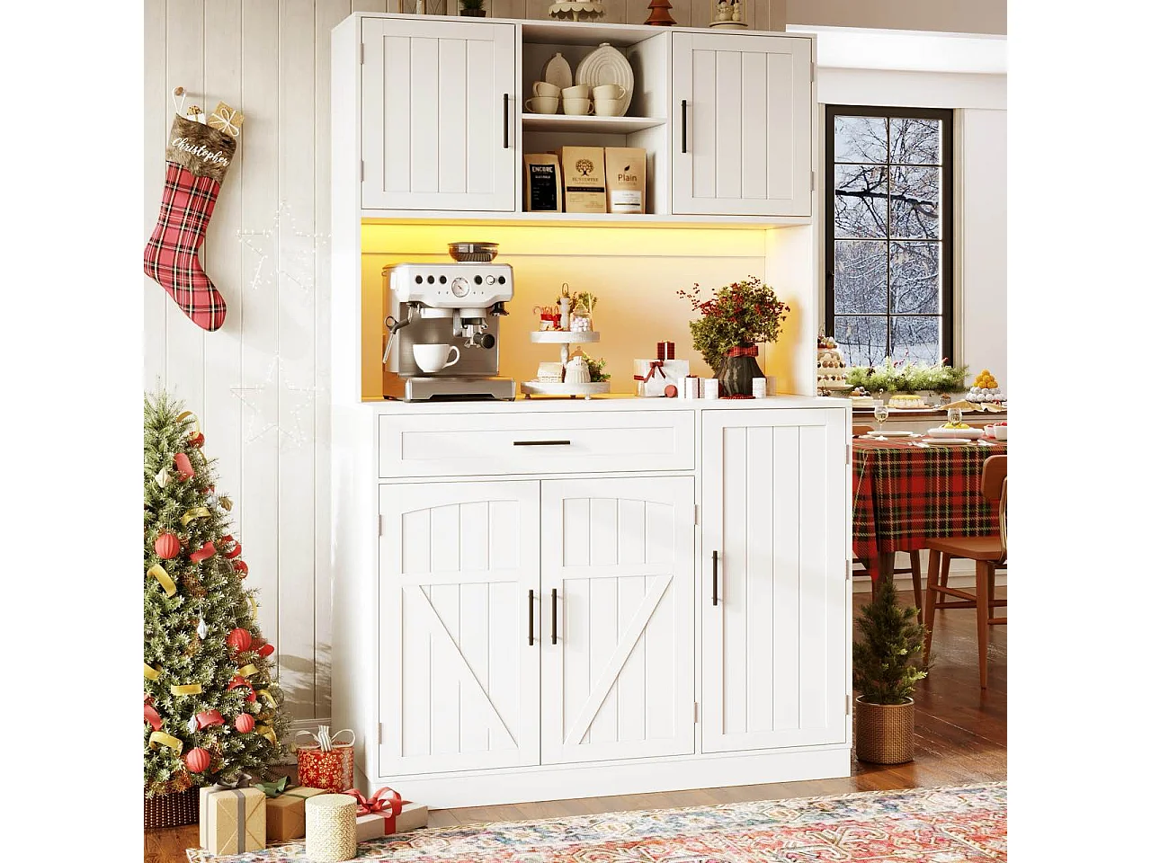 Buffet de cuisine style campagnard - 120 x 38 x 180 cm - avec Leds + prise + 5 portes + 1 tiroir - blanc