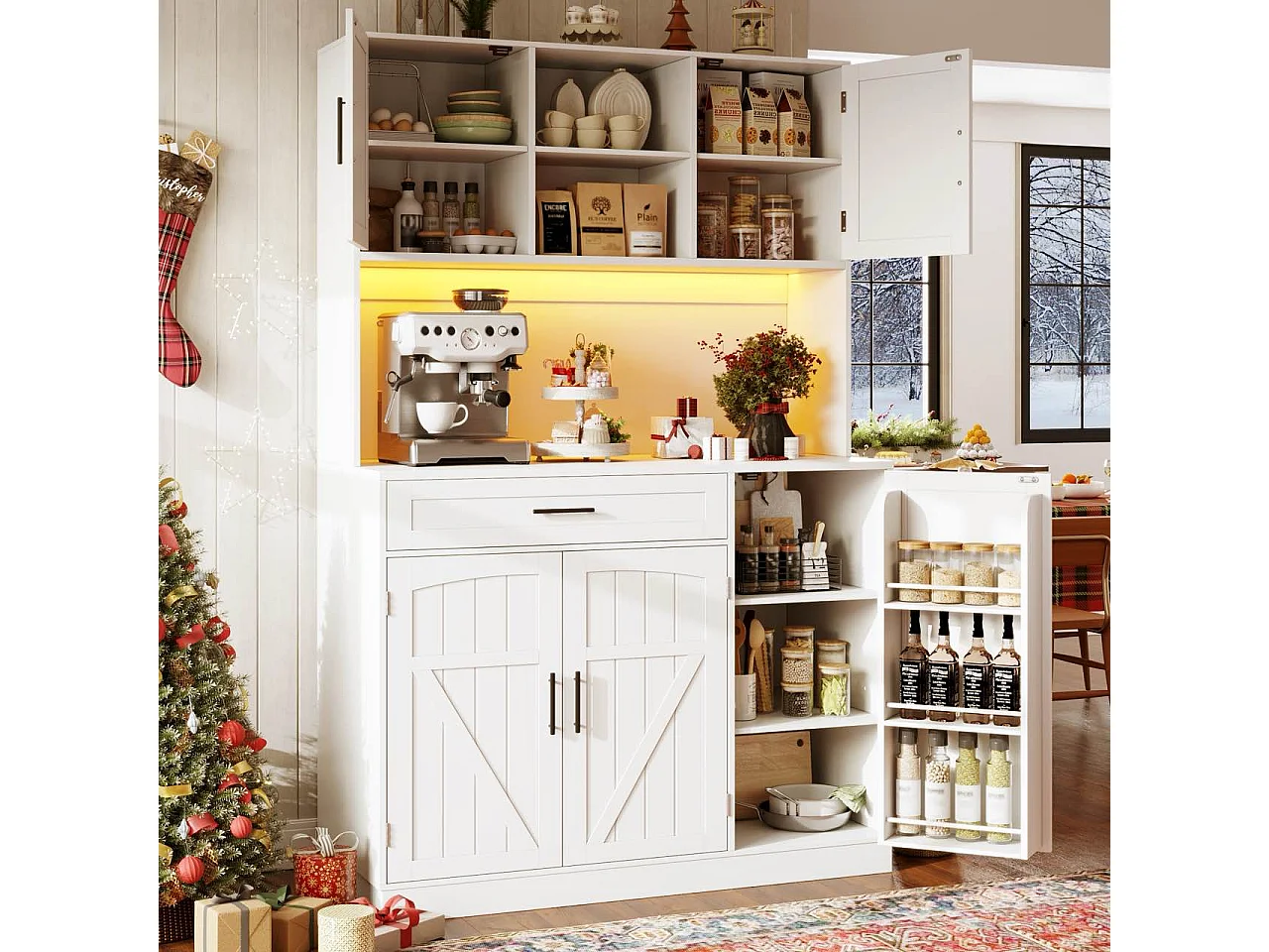 Buffet de cuisine style campagnard - 120 x 38 x 180 cm - avec Leds + prise + 5 portes + 1 tiroir - blanc