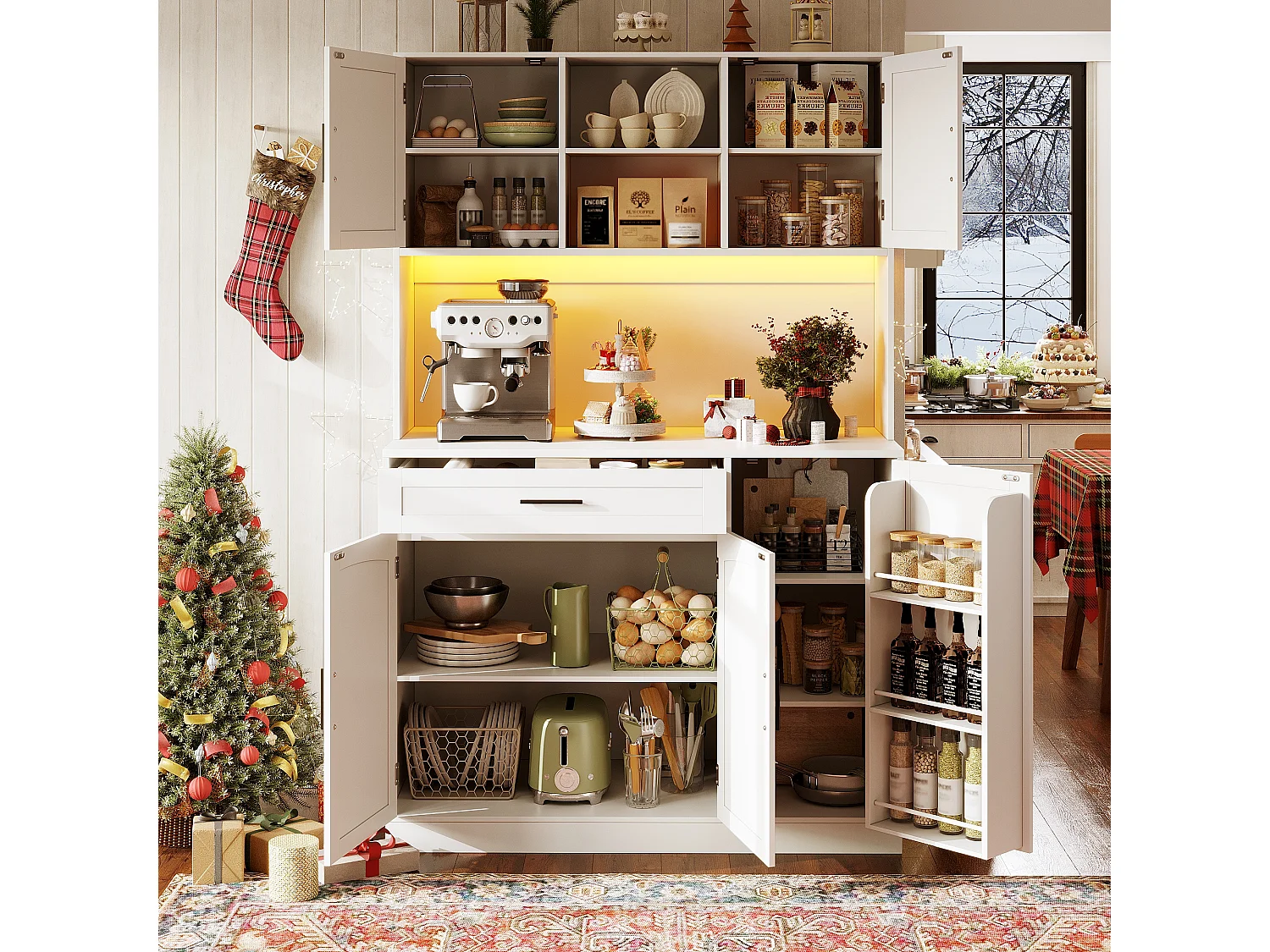 Buffet de cuisine style campagnard - 120 x 38 x 180 cm - avec Leds + prise + 5 portes + 1 tiroir - blanc