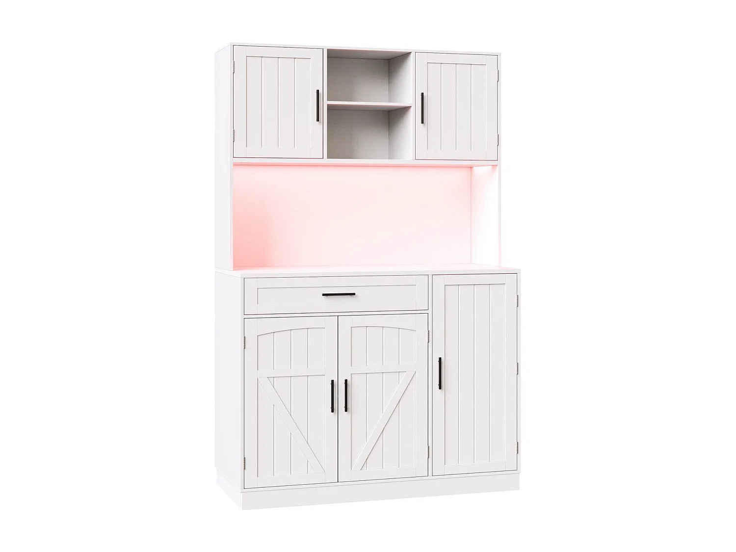 Buffet de cuisine style campagnard - 120 x 38 x 180 cm - avec Leds + prise + 5 portes + 1 tiroir - blanc