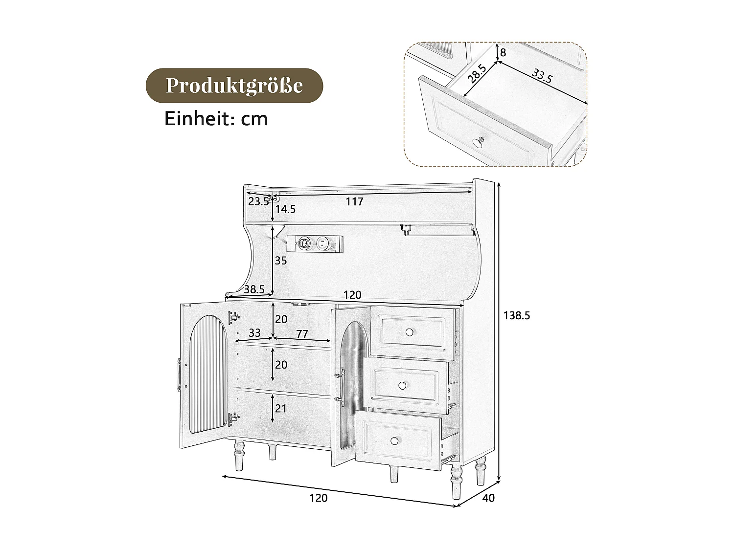 Küchen-Sideboard mit Steckdosen – 120 x 40 x 138,5 cm – mit 3 Schubladen, Weinglasablage, Regalböden und 2 Türen – MDF – weiß