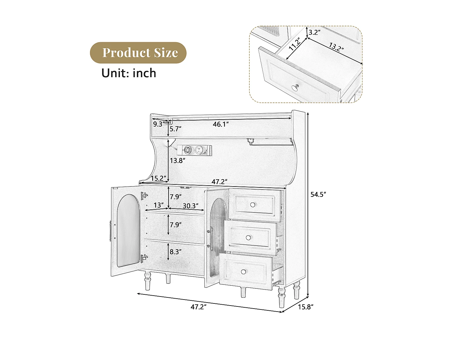 Küchen-Sideboard mit Steckdosen – 120 x 40 x 138,5 cm – mit 3 Schubladen, Weinglasablage, Regalböden und 2 Türen – MDF – weiß