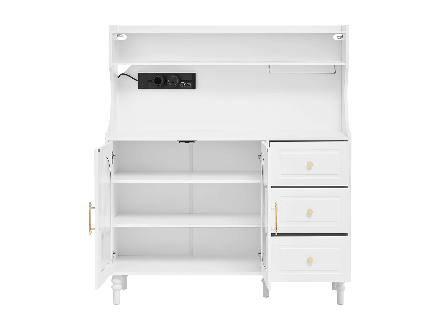 Küchen-Sideboard mit Steckdosen – 120 x 40 x 138,5 cm – mit 3 Schubladen, Weinglasablage, Regalböden und 2 Türen – MDF – weiß