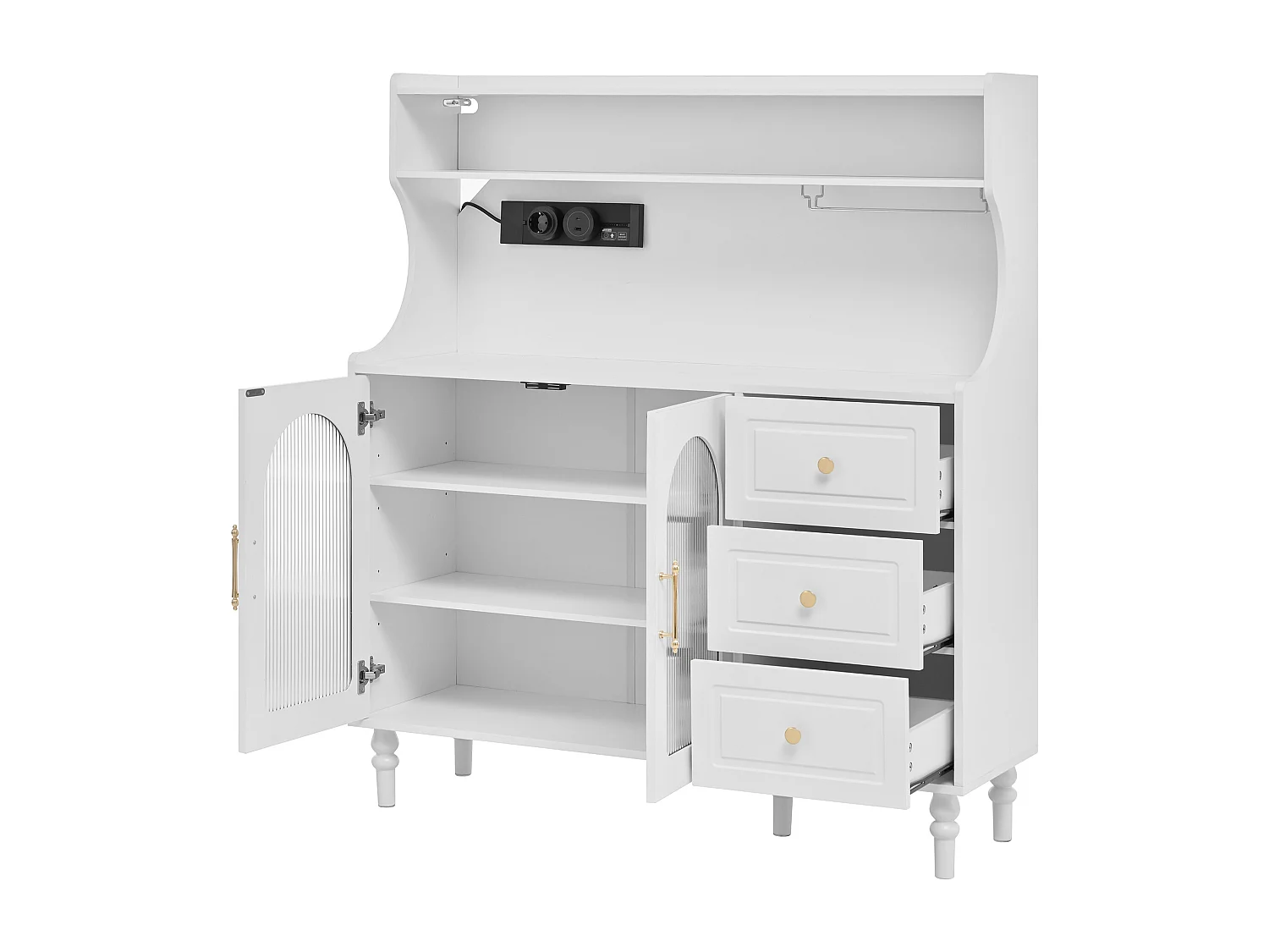 Küchen-Sideboard mit Steckdosen – 120 x 40 x 138,5 cm – mit 3 Schubladen, Weinglasablage, Regalböden und 2 Türen – MDF – weiß