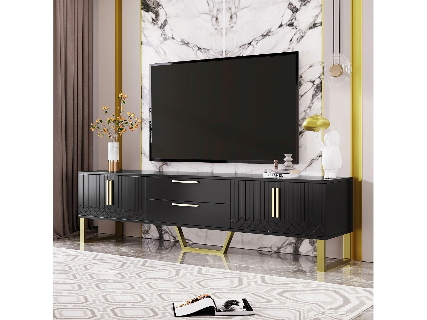 Hochglanz-TV-Möbel mit 4 Türen und 2 Schubladen – 170 x 39 x 53,5 cm – goldfarbene Griffe und Beine – MDF – schwarz