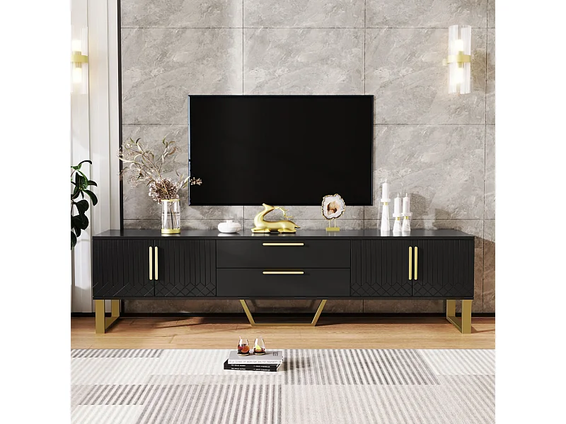 Hochglanz-TV-Möbel mit 4 Türen und 2 Schubladen – 170 x 39 x 53,5 cm – goldfarbene Griffe und Beine – MDF – schwarz