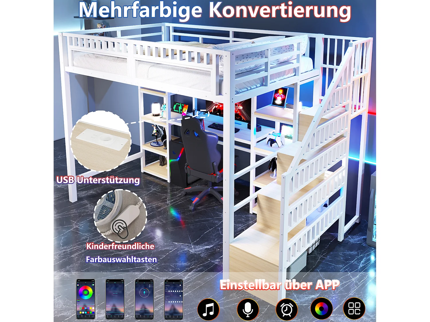 Lit mezzanine enfant - 140 x 200 cm -  structure en fer - avec bureau + Leds + USB + étagère + eacalier de rangement - métal - blanc