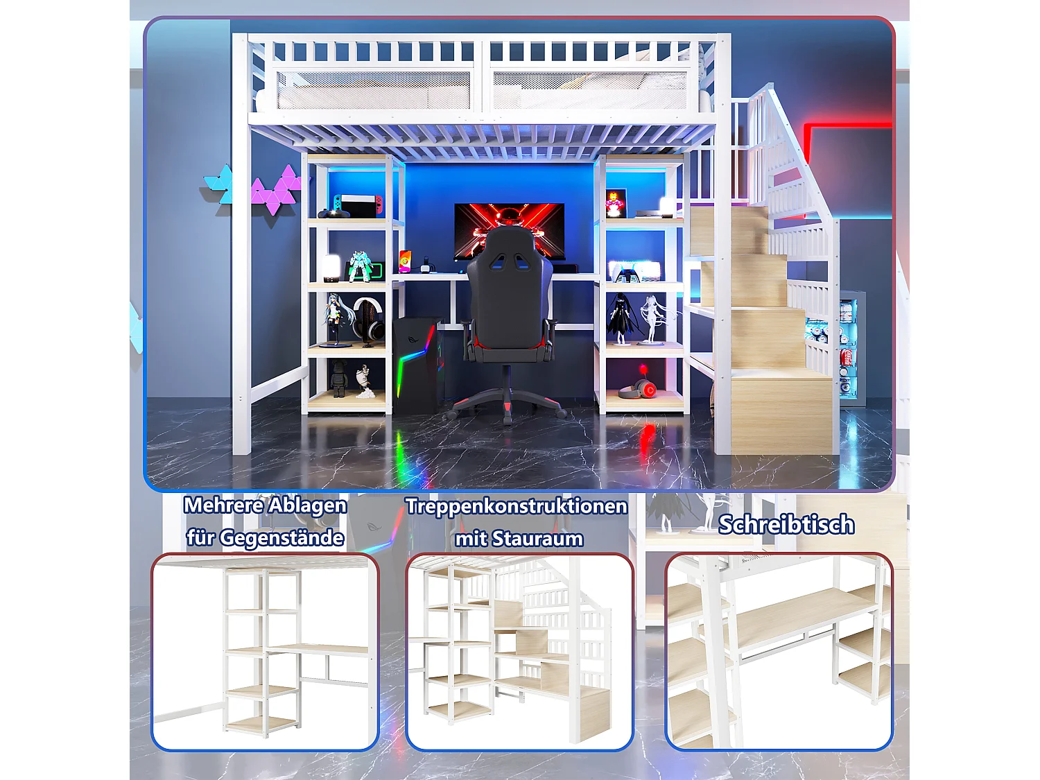 Lit mezzanine enfant - 140 x 200 cm -  structure en fer - avec bureau + Leds + USB + étagère + eacalier de rangement - métal - blanc