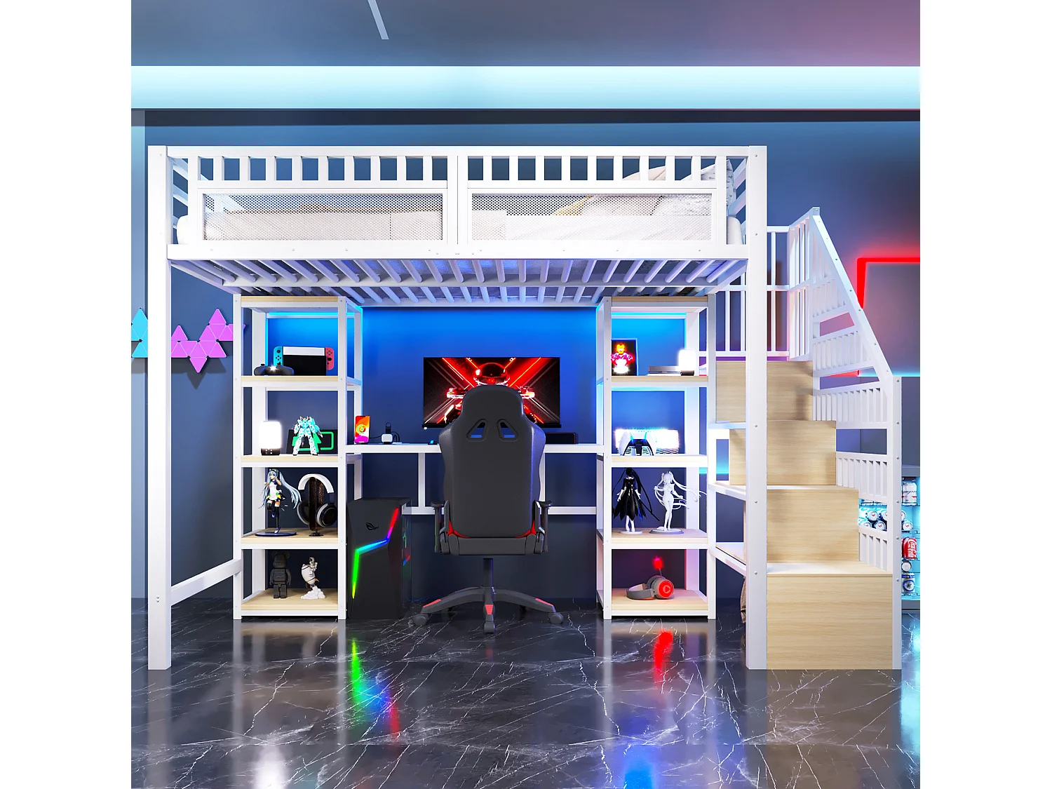 Lit mezzanine enfant - 140 x 200 cm -  structure en fer - avec bureau + Leds + USB + étagère + eacalier de rangement - métal - blanc