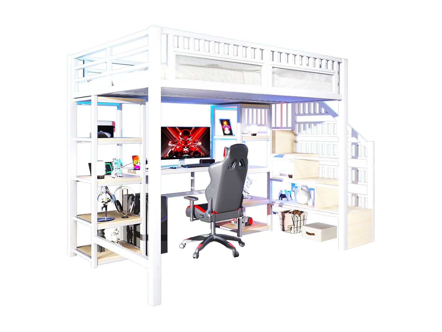 Lit mezzanine enfant - 140 x 200 cm -  structure en fer - avec bureau + Leds + USB + étagère + eacalier de rangement - métal - blanc
