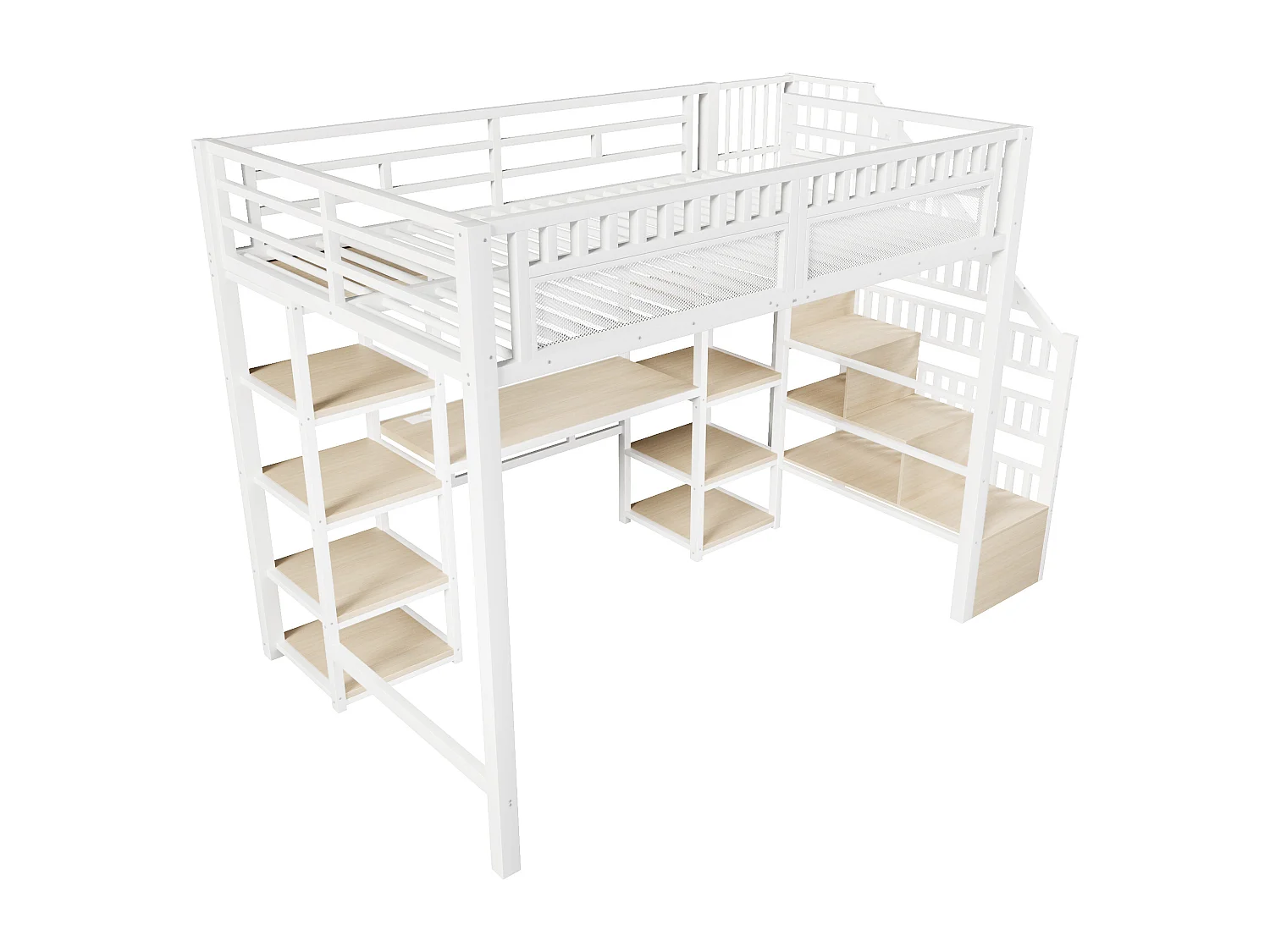 Lit mezzanine enfant - 140 x 200 cm -  structure en fer - avec bureau + Leds + USB + étagère + eacalier de rangement - métal - blanc