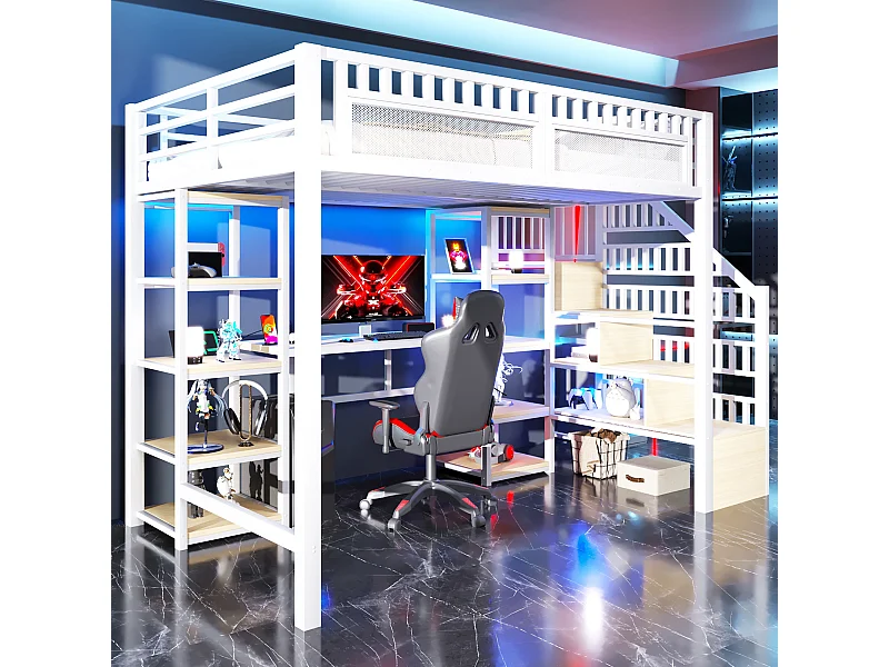 Lit mezzanine enfant - 140 x 200 cm -  structure en fer - avec bureau + Leds + USB + étagère + eacalier de rangement - métal - blanc