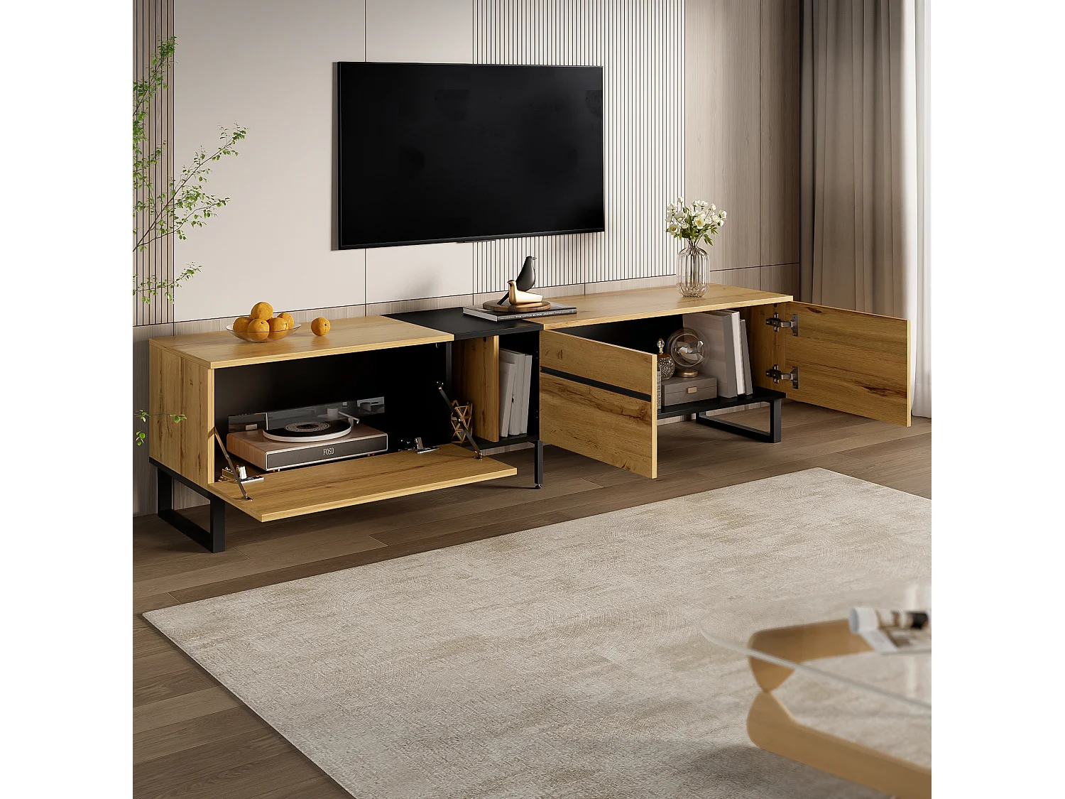 Moderner, niedriger TV-Ständer – 180 x 38 x 45 cm – mit 3 Türen + offenen Regalen – Spanplatte – natur