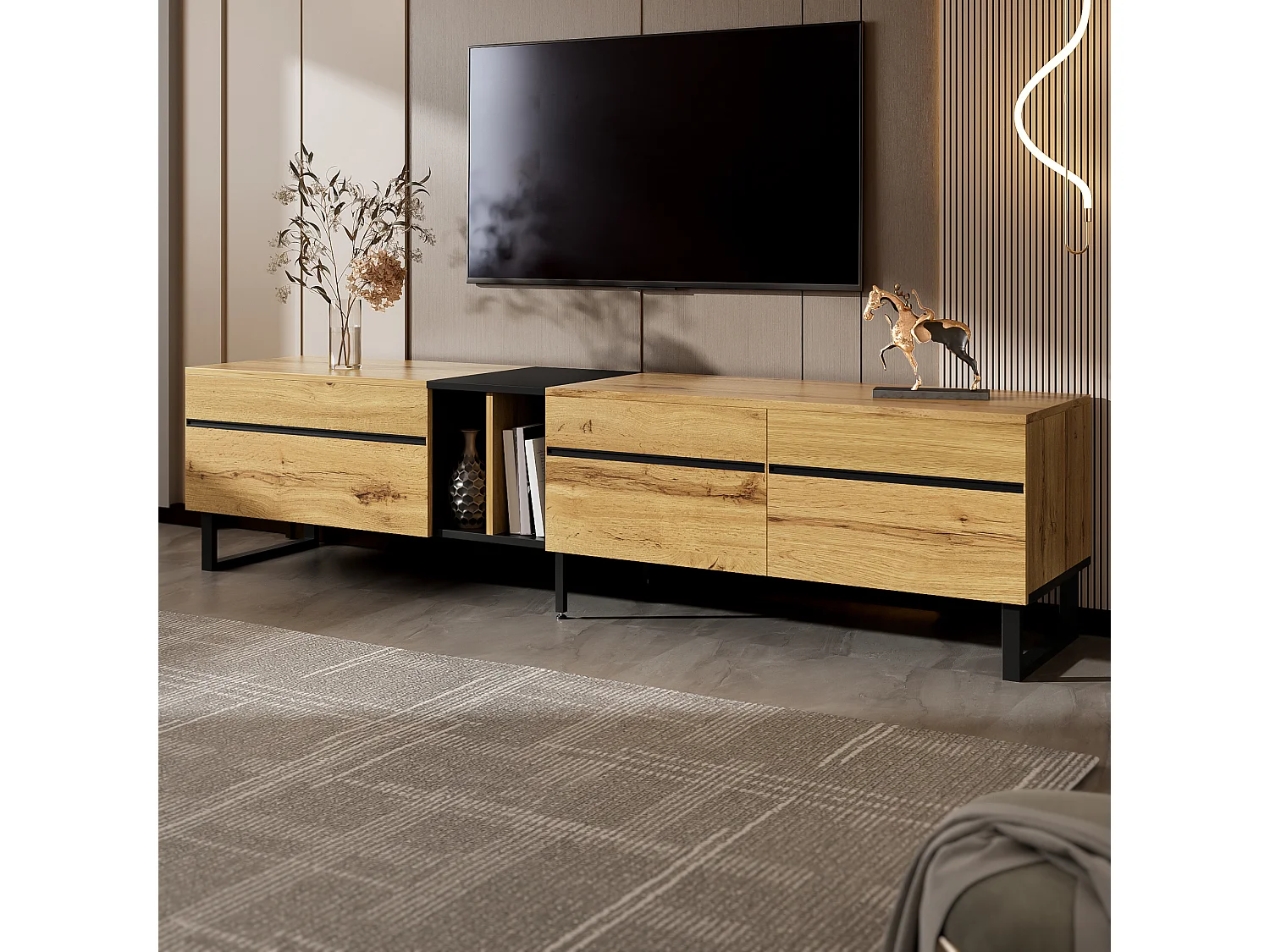 Meuble TV bas moderne  - 180 x 38 x 45 cm - avec 3 portes + étagères ouvertes - aggloméré - naturel