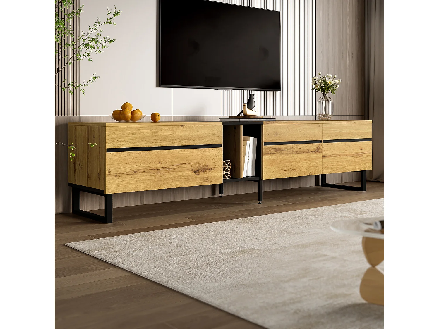 Meuble TV bas moderne  - 180 x 38 x 45 cm - avec 3 portes + étagères ouvertes - aggloméré - naturel