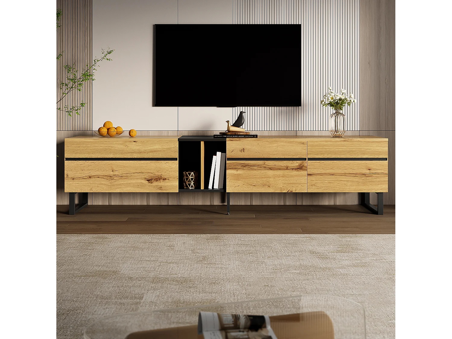 Meuble TV bas moderne  - 180 x 38 x 45 cm - avec 3 portes + étagères ouvertes - aggloméré - naturel