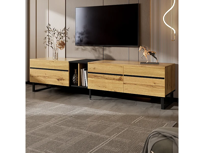 Nowoczesna niska szafka RTV - 180 x 38 x 45 cm - z 3 drzwiami + otwarte półki - płyta wiórowa - naturalna