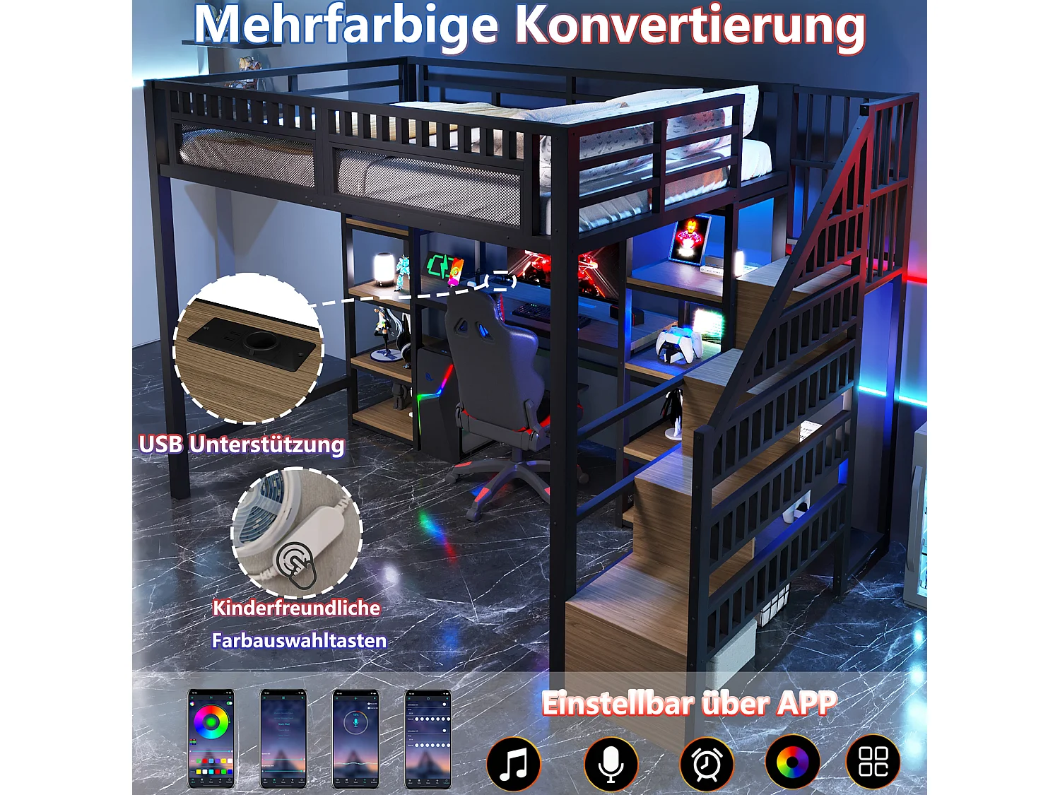 Lit mezzanine enfant - 140 x 200 cm -  structure en fer - avec bureau + Leds + USB + étagère + eacalier de rangement - métal - noir