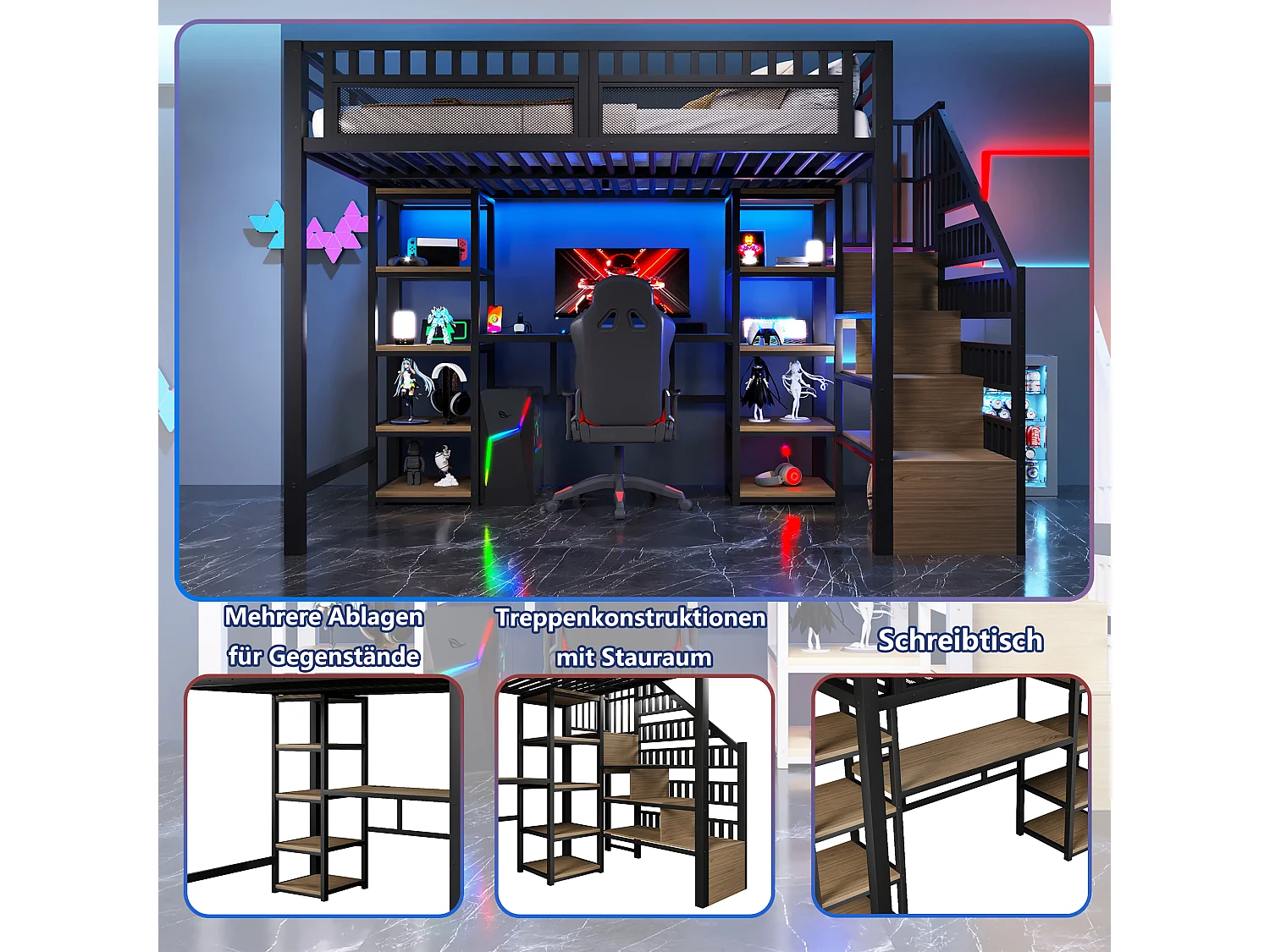 Lit mezzanine enfant - 140 x 200 cm -  structure en fer - avec bureau + Leds + USB + étagère + eacalier de rangement - métal - noir