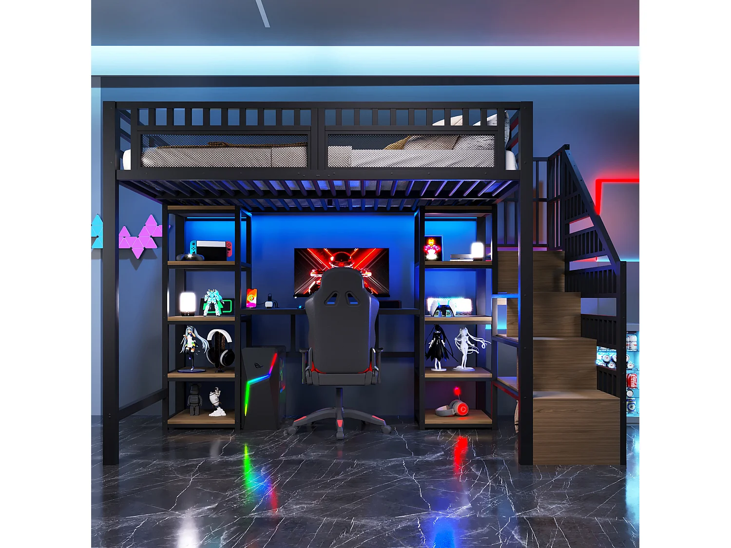 Lit mezzanine enfant - 140 x 200 cm -  structure en fer - avec bureau + Leds + USB + étagère + eacalier de rangement - métal - noir