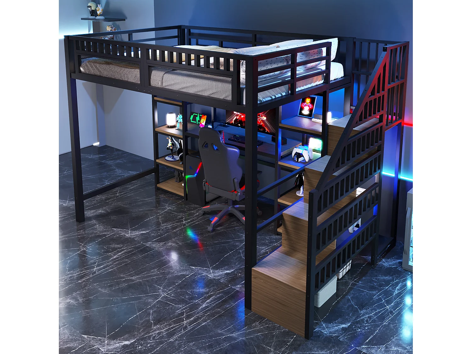 Lit mezzanine enfant - 140 x 200 cm -  structure en fer - avec bureau + Leds + USB + étagère + eacalier de rangement - métal - noir