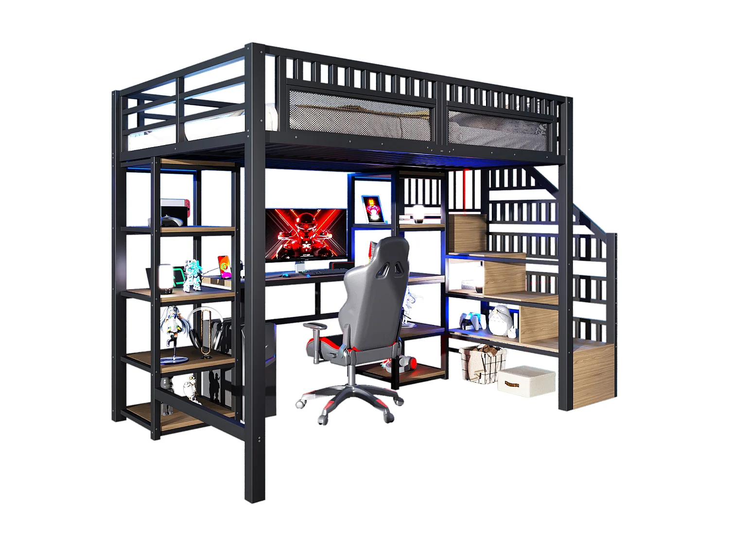 Lit mezzanine enfant - 140 x 200 cm -  structure en fer - avec bureau + Leds + USB + étagère + eacalier de rangement - métal - noir
