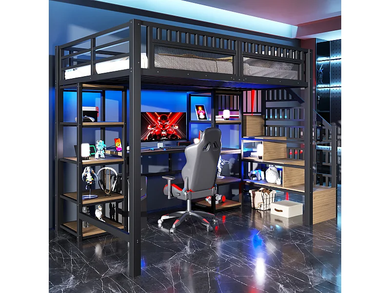 Lit mezzanine enfant - 140 x 200 cm -  structure en fer - avec bureau + Leds + USB + étagère + eacalier de rangement - métal - noir