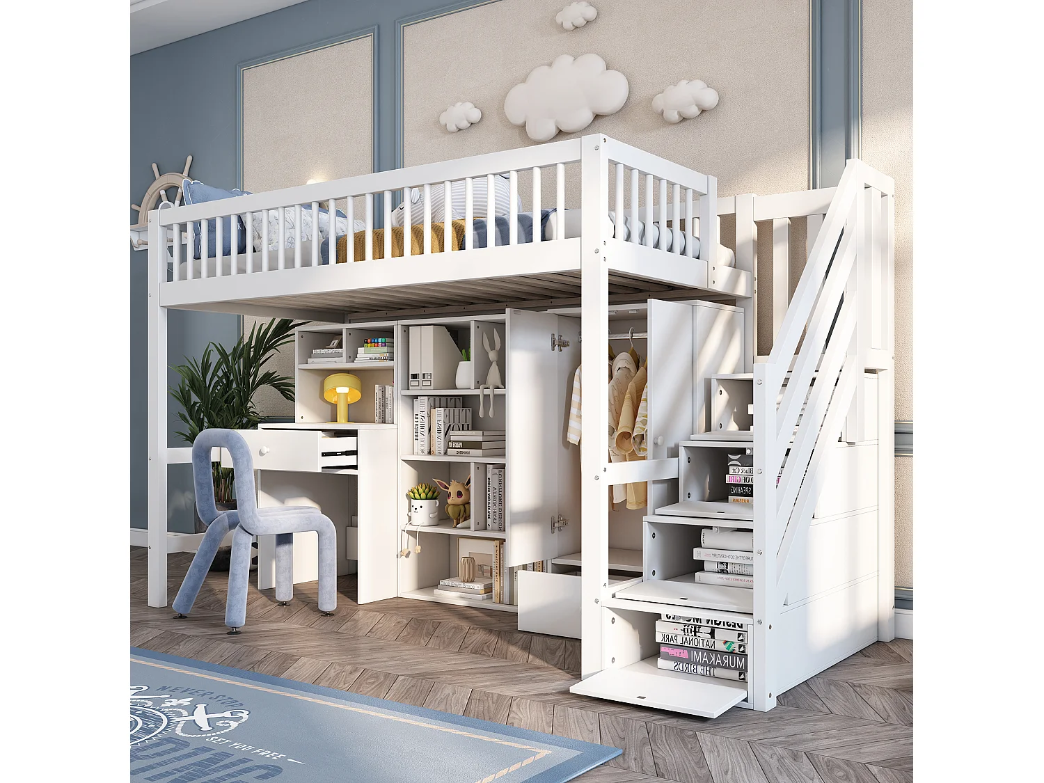 Kinderhoogslaper - 90 x 200 cm - met bureau + planken + kledingkast + opbergladder - hout - wit