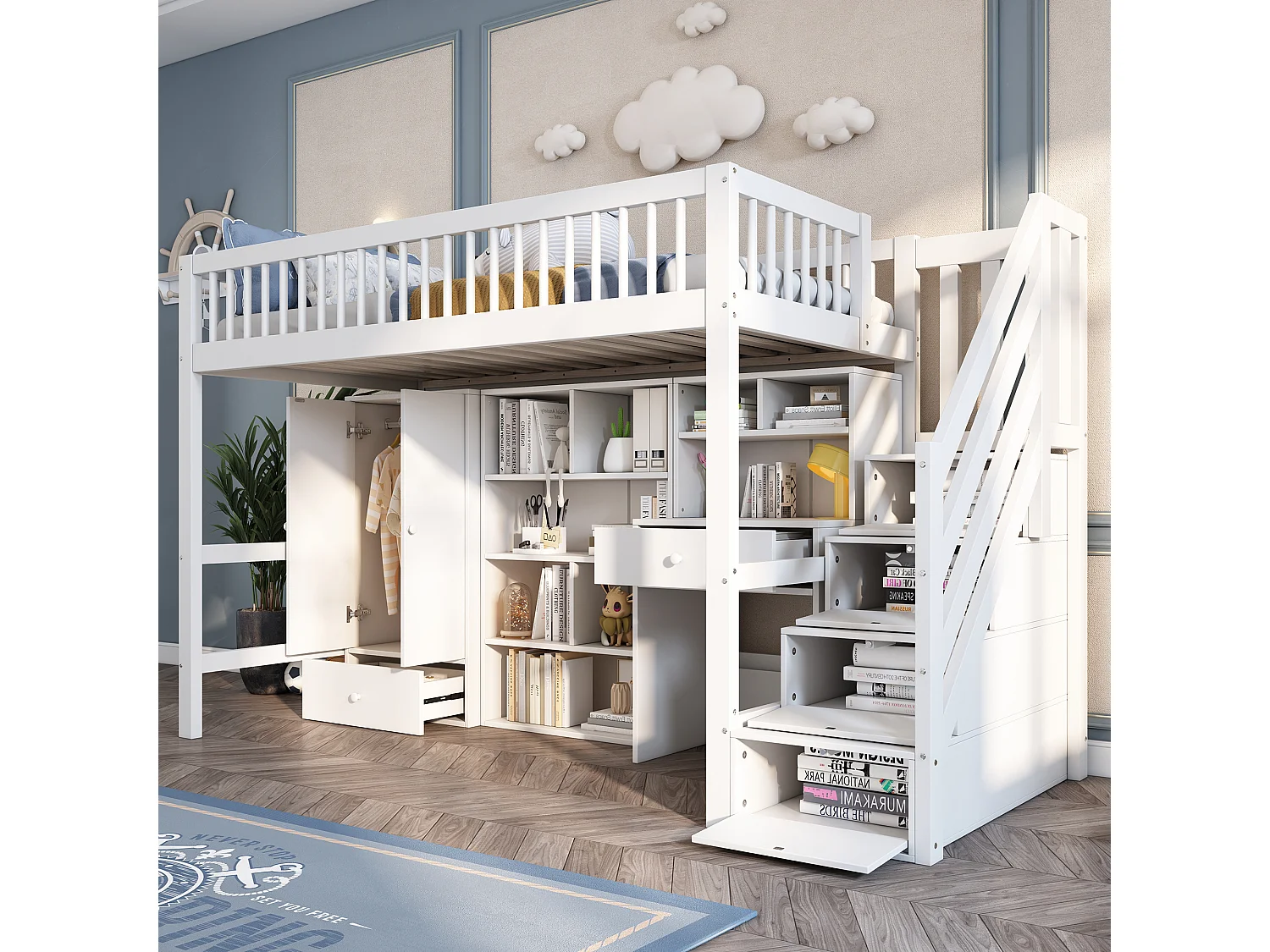 Kinderhoogslaper - 90 x 200 cm - met bureau + planken + kledingkast + opbergladder - hout - wit