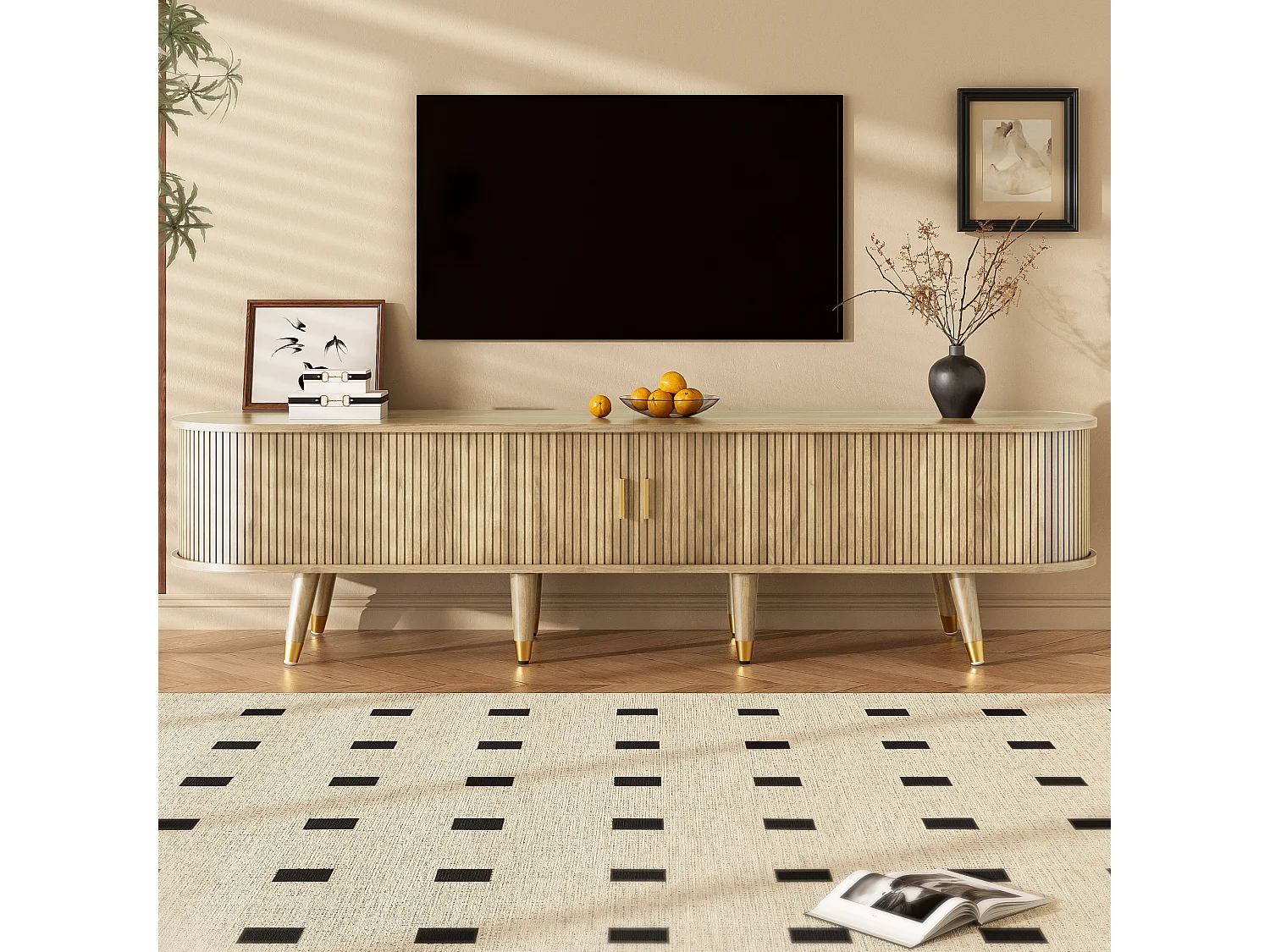 TV-Ständer mit Schiebetüren und 2 Schubladen – 175 x 38 x 45 cm – einzigartiges Design – MDF – hell natur