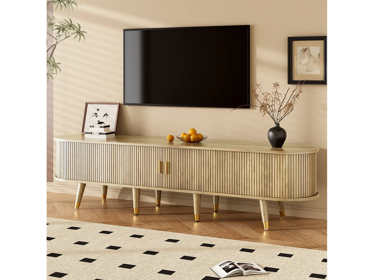 TV-Ständer mit Schiebetüren und 2 Schubladen – 175 x 38 x 45 cm – einzigartiges Design – MDF – hell natur