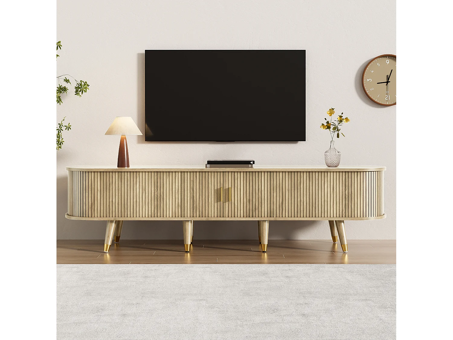 TV-Ständer mit Schiebetüren und 2 Schubladen – 175 x 38 x 45 cm – einzigartiges Design – MDF – hell natur