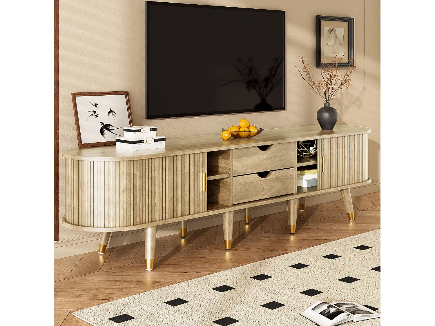 Meuble TV à portes coulissantes + 2 tiroirs - 175 x 38 x 45 cm - design unique - MDF - naturel clair