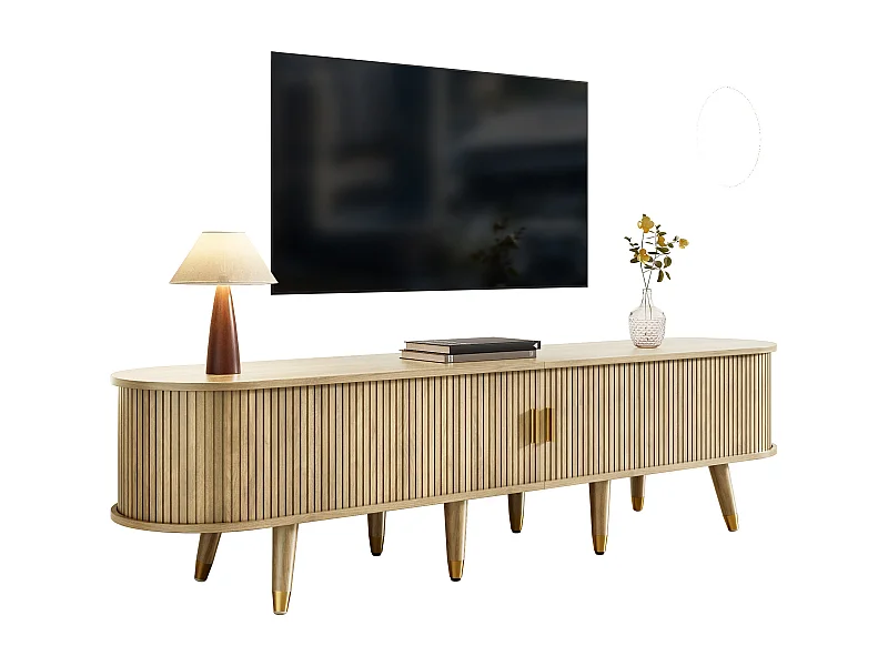 TV-Ständer mit Schiebetüren und 2 Schubladen – 175 x 38 x 45 cm – einzigartiges Design – MDF – hell natur