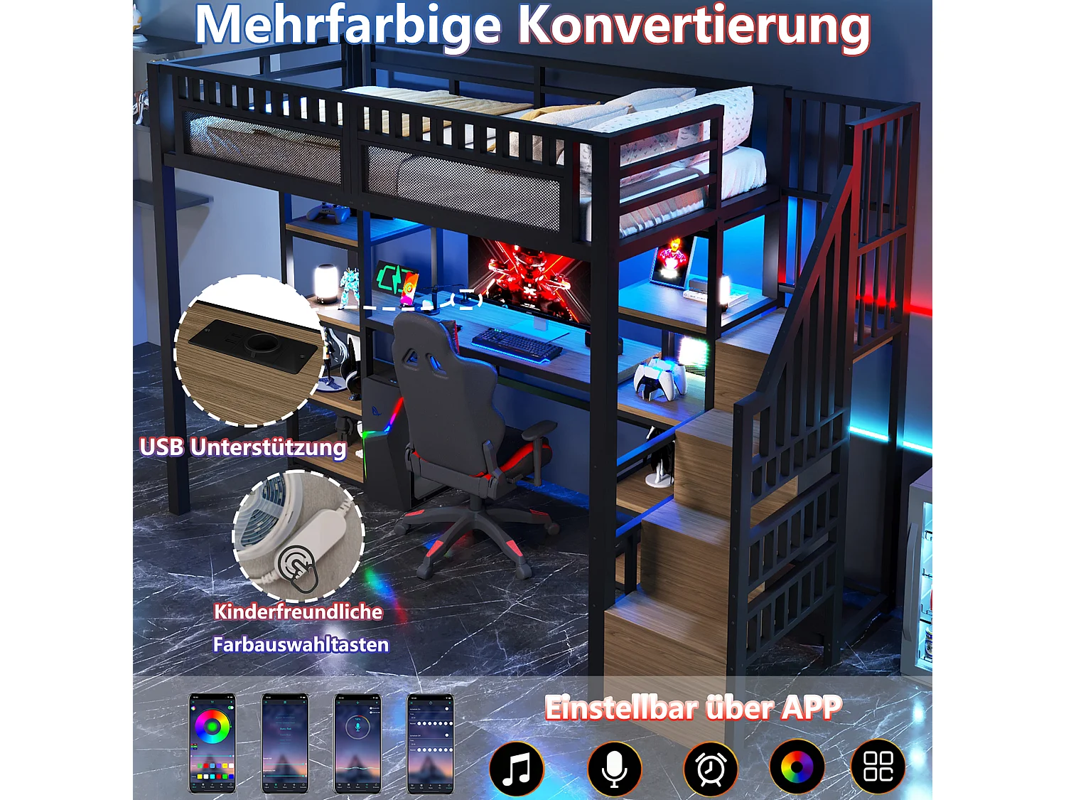 Lit mezzanine enfant - 90 x 200 cm -  structure en fer - avec bureau + Leds + USB + étagère + eacalier de rangement - métal - noir