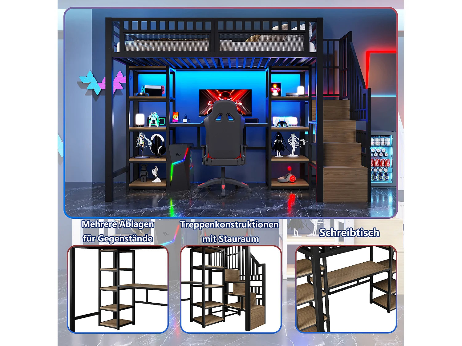 Lit mezzanine enfant - 90 x 200 cm -  structure en fer - avec bureau + Leds + USB + étagère + eacalier de rangement - métal - noir