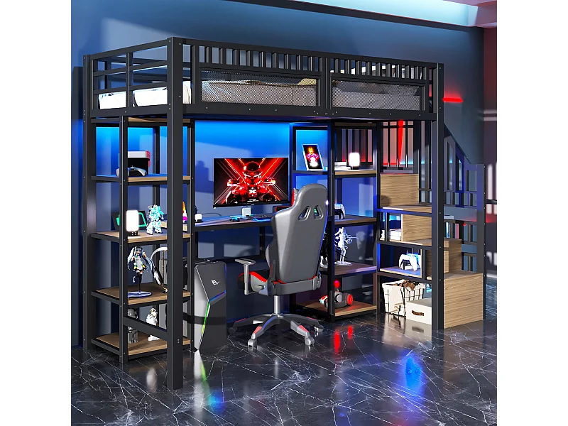 Lit mezzanine enfant - 90 x 200 cm -  structure en fer - avec bureau + Leds + USB + étagère + eacalier de rangement - métal - noir