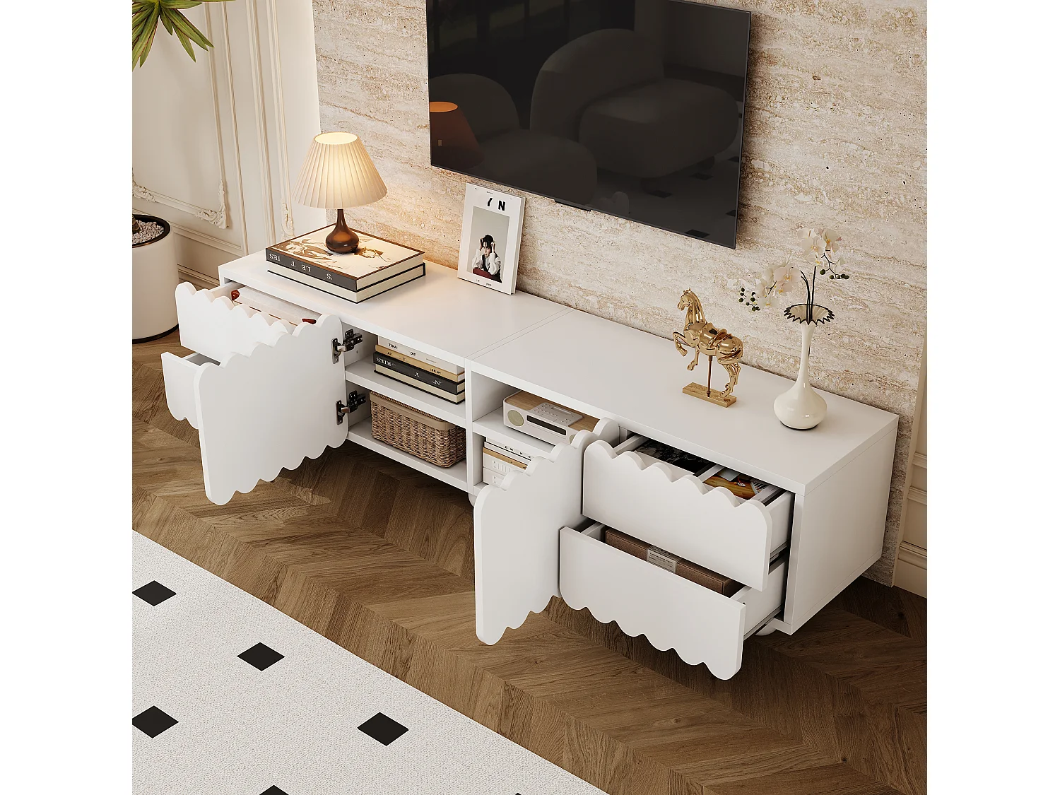 Moderner TV-Ständer – 175 x 38 x 37 cm – mit 2 Türen und 4 Schubladen – einzigartiges Design – MDF + Spanplatte – weiß