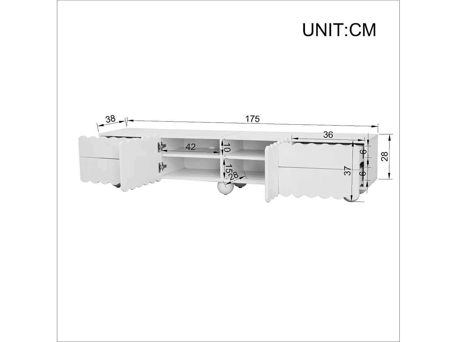 Moderner TV-Ständer – 175 x 38 x 37 cm – mit 2 Türen und 4 Schubladen – einzigartiges Design – MDF + Spanplatte – weiß