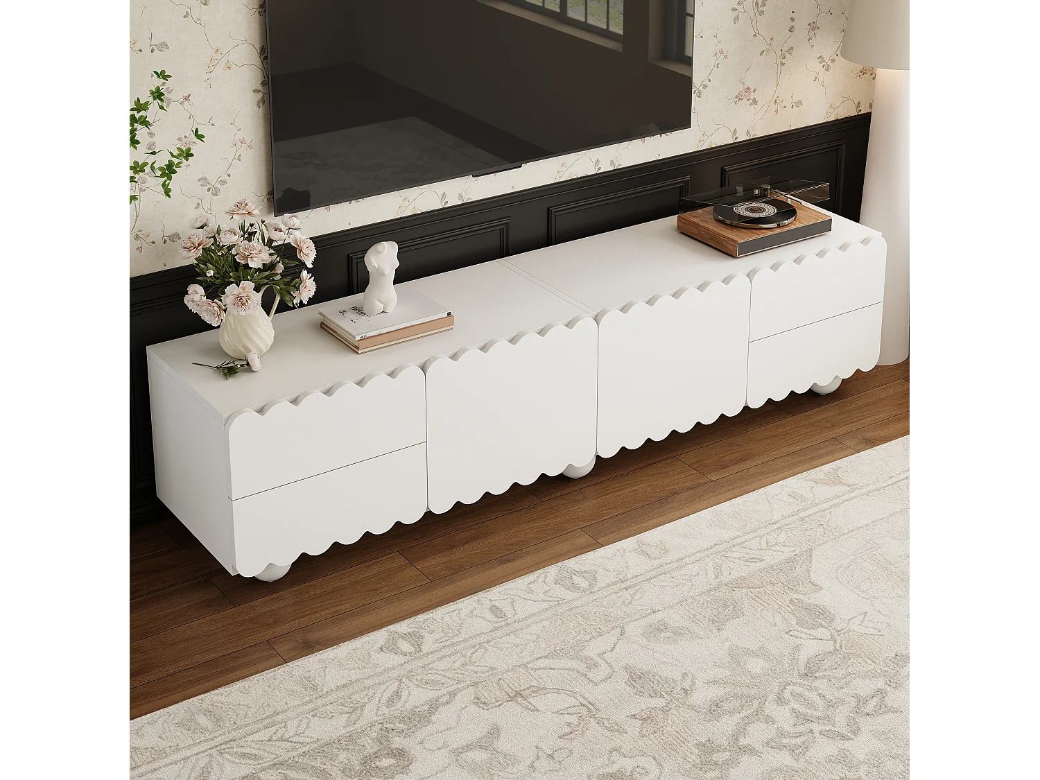 Moderner TV-Ständer – 175 x 38 x 37 cm – mit 2 Türen und 4 Schubladen – einzigartiges Design – MDF + Spanplatte – weiß