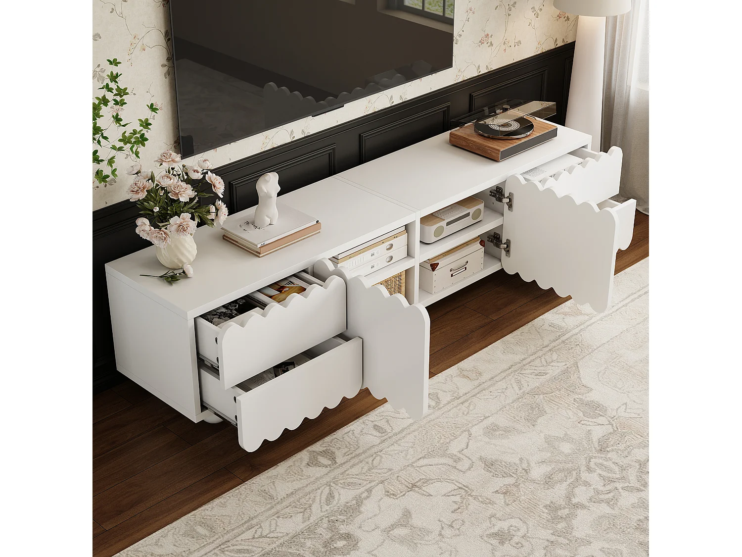 Moderner TV-Ständer – 175 x 38 x 37 cm – mit 2 Türen und 4 Schubladen – einzigartiges Design – MDF + Spanplatte – weiß