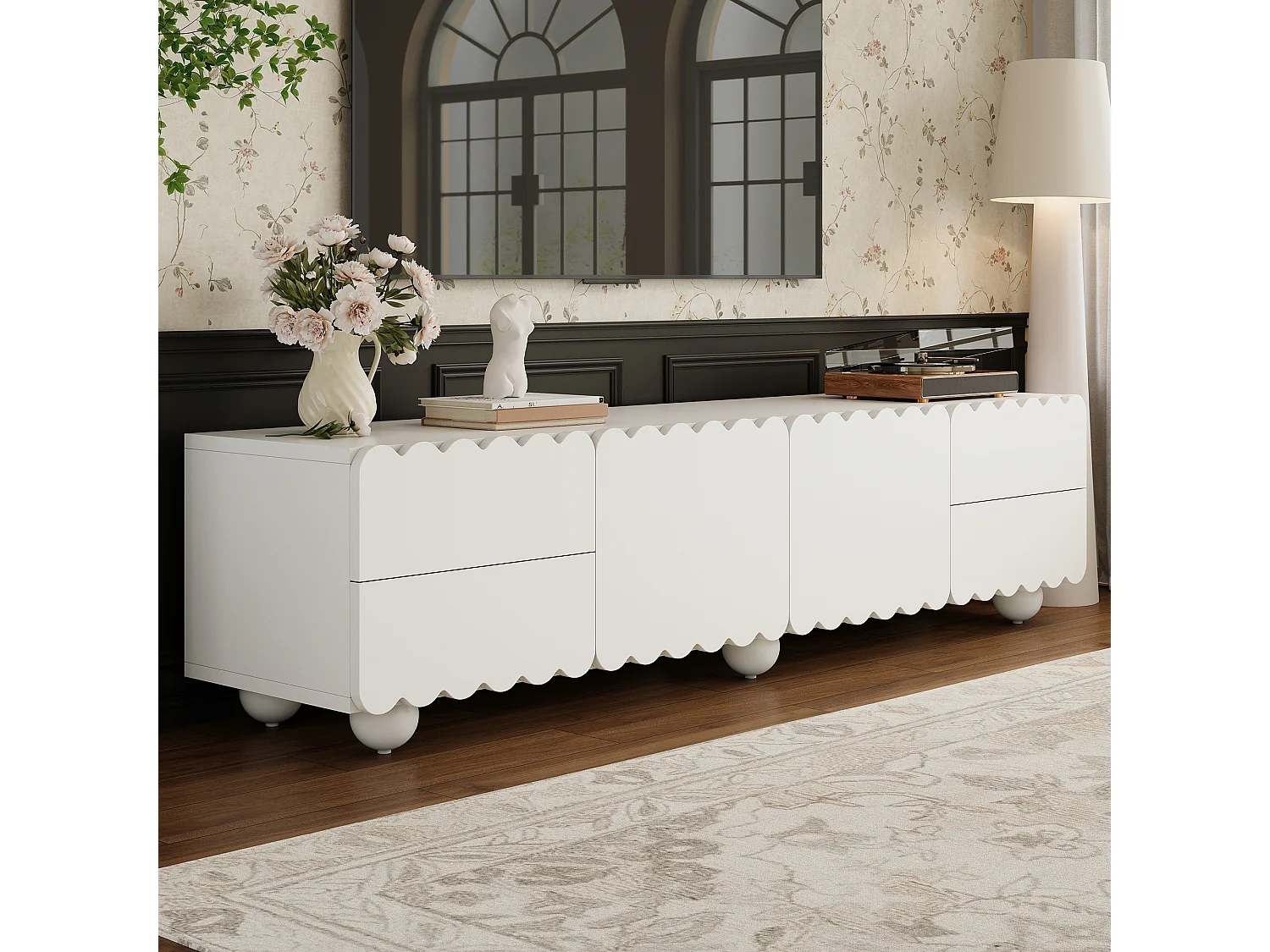 Moderner TV-Ständer – 175 x 38 x 37 cm – mit 2 Türen und 4 Schubladen – einzigartiges Design – MDF + Spanplatte – weiß