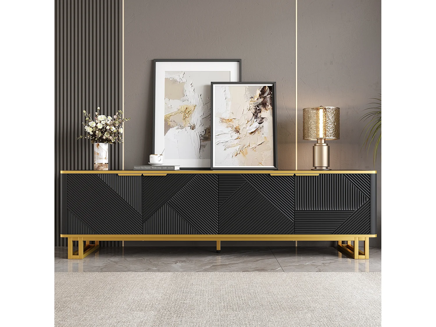 Geometrischer TV-Ständer mit 4 Türen – 160 x 37,5 x 48 cm – einzigartiges Design – MDF – schwarz