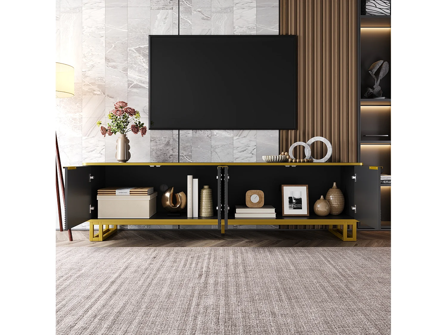 Geometrischer TV-Ständer mit 4 Türen – 160 x 37,5 x 48 cm – einzigartiges Design – MDF – schwarz