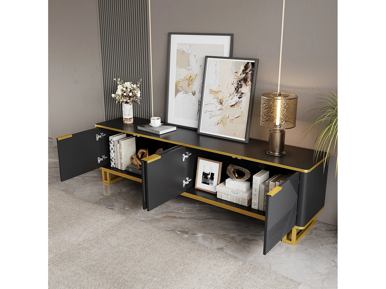 Geometrischer TV-Ständer mit 4 Türen – 160 x 37,5 x 48 cm – einzigartiges Design – MDF – schwarz