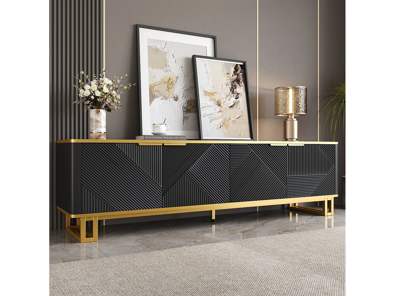 Geometrischer TV-Ständer mit 4 Türen – 160 x 37,5 x 48 cm – einzigartiges Design – MDF – schwarz