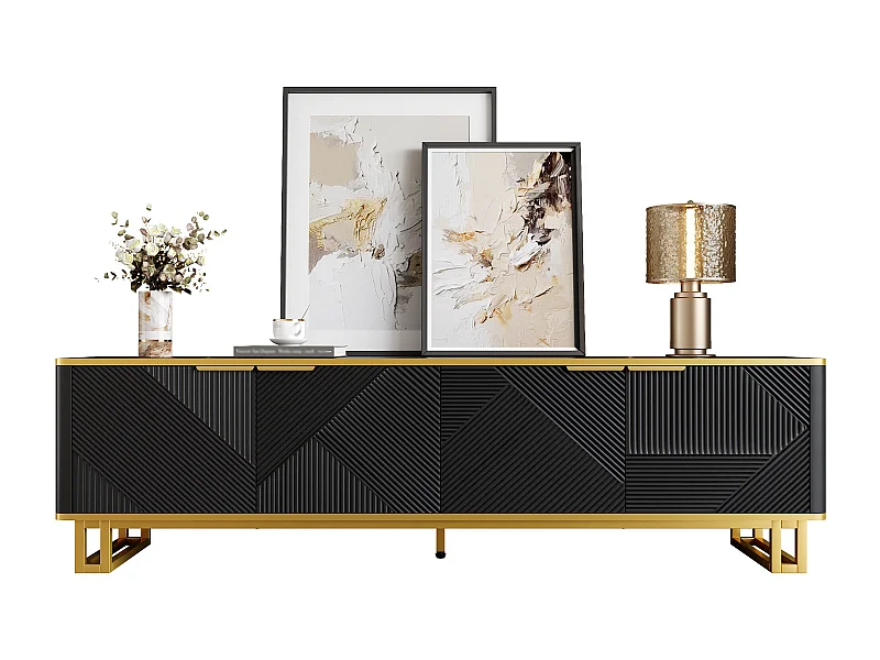 Geometrischer TV-Ständer mit 4 Türen – 160 x 37,5 x 48 cm – einzigartiges Design – MDF – schwarz