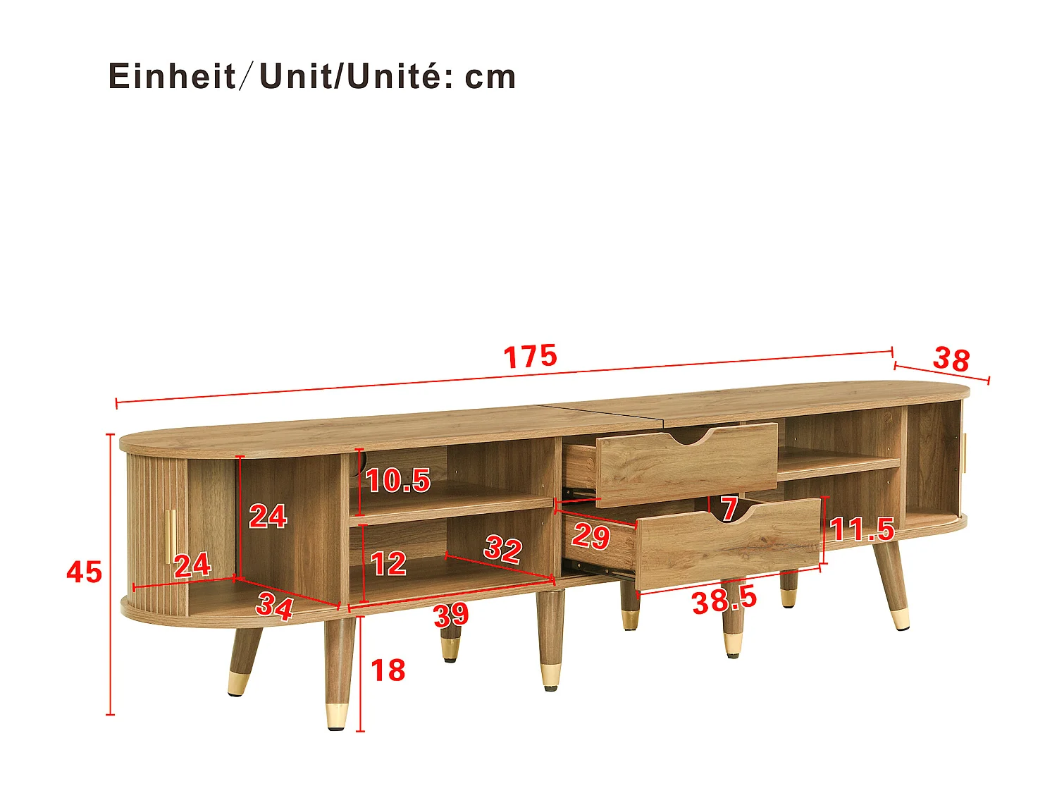 TV-Möbel mit Schiebetüren und 2 Schubladen – 175 x 38 x 45 cm – einzigartiges Design – MDF – dunkel natur